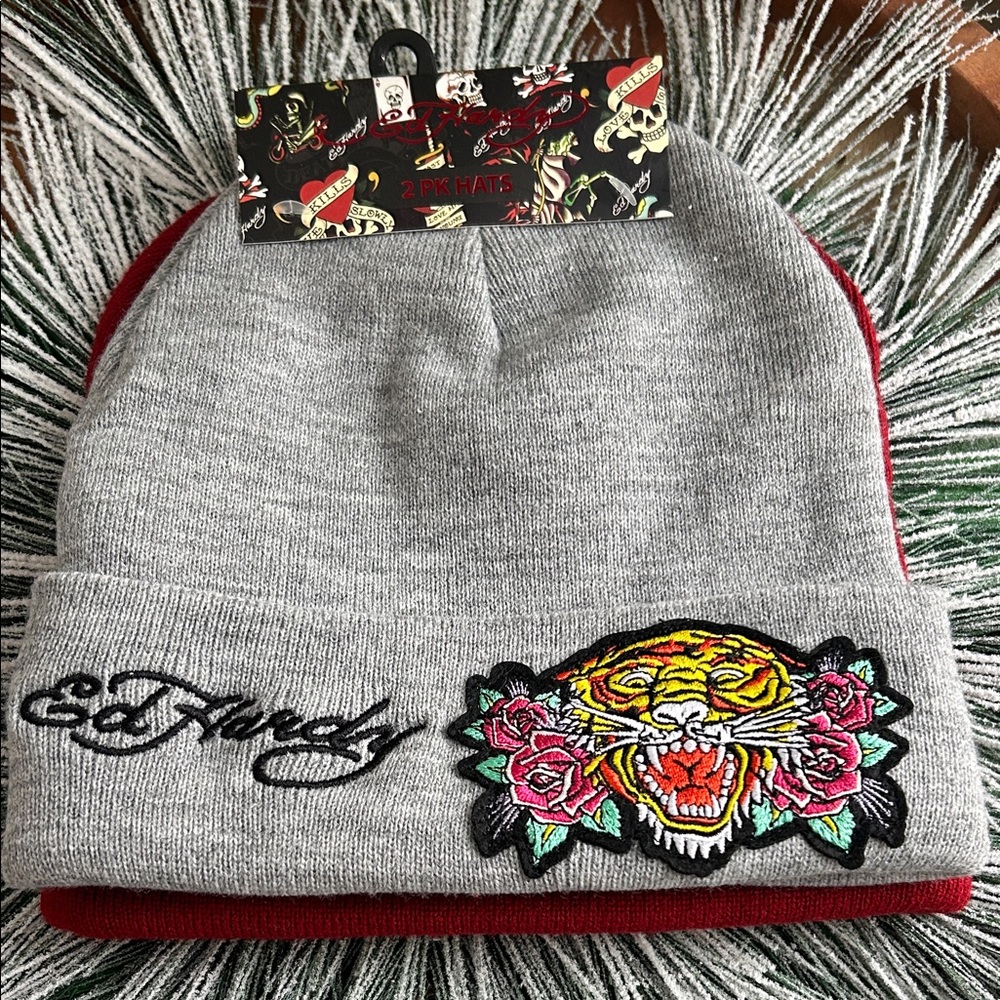 Ed Hardy Gray and burgundy  red Beanie with Tiger and Rose Embroidery 2 pack.